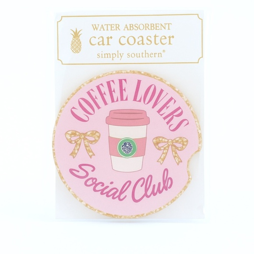 Simply Southern Coffee Lovers Social Club Car Coaster 2.5” Pink Glitter